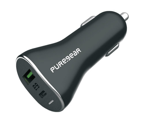 מטען לרכב PureGear הכולל 2 חיבורי USB-A + USB-C הספק עד כ- 48W ללא כבל