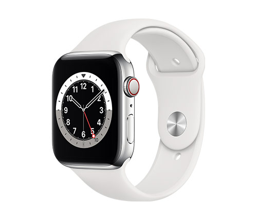 שעון חכם אפל Apple Watch Series 6 GPS + Cellular 44mm בצבע Silver Stainless Steel עם רצועת ספורט לבנה