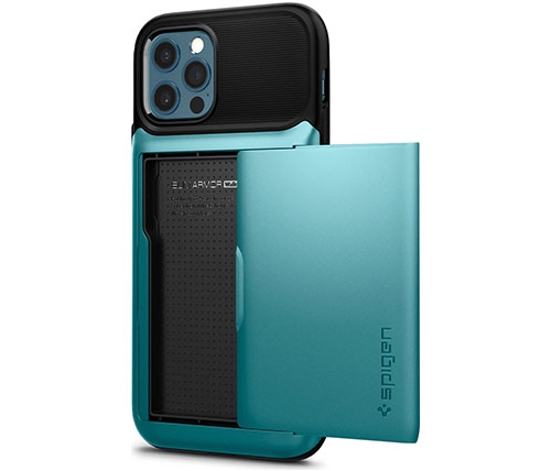 כיסוי לטלפון Spigen Slim Armor Wallet iPhone 12/12 Pro בצבע טורקיז הכולל מגירה לכרטיסי אשראי