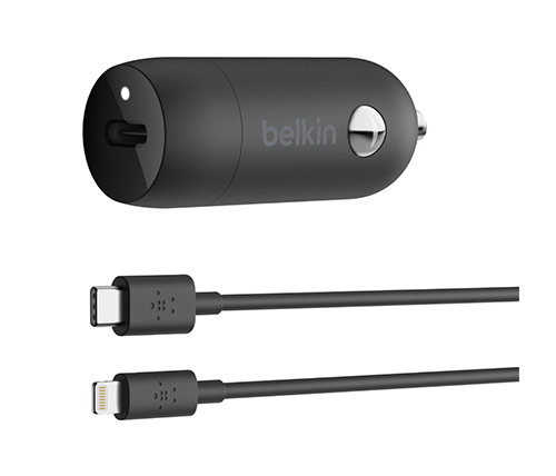 מטען לרכב Belkin הכולל חיבור USB-C הספק עד כ- 20W כולל כבל Lightning