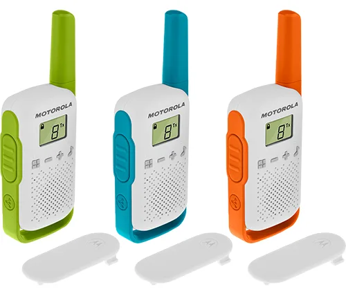 שלושה מכשירי קשר Motorola Talkabout T42 Walkie-Talkie עד כ- 4 ק"מ, בצבע לבן