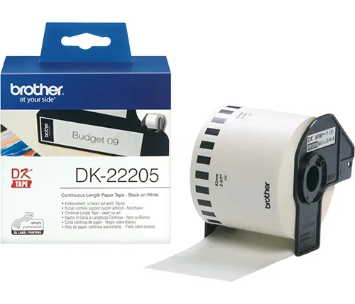 גליל סרט תוויות נייר רציף Brother DK-22205 שחור על לבן ברוחב 62 מ"מ לשימוש עם מדפסת Brother QL-800